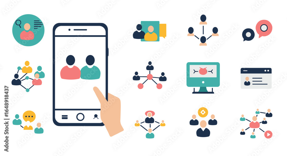 Aufkleber social media networking icons and user connection concept in flat design