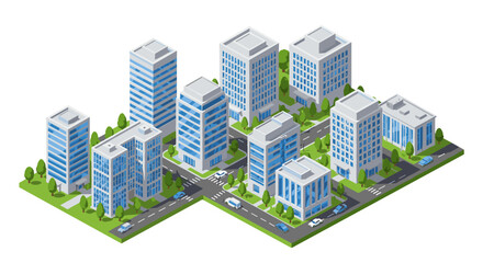 Obraz premium Modern isometric cityscape with skyscrapers and green spaces in urban setting