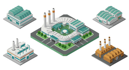 Isometric industrial complex with factories and power plants