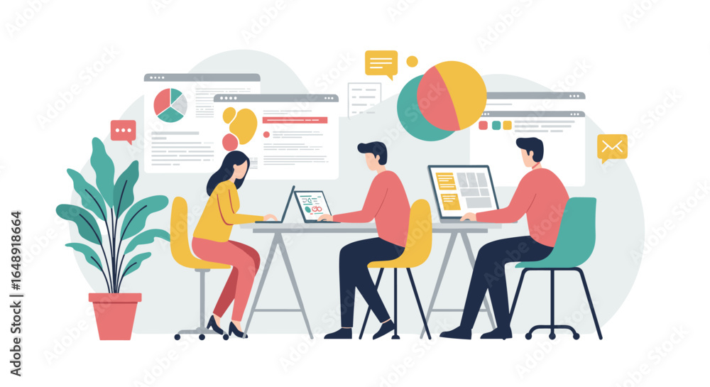 Aufkleber team collaboration in modern office setting with data visualization and technology