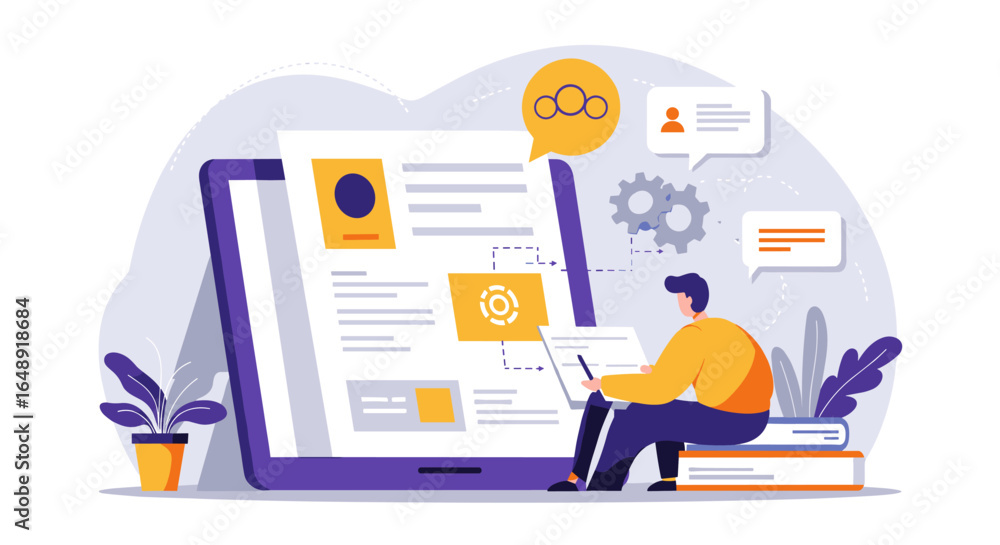 Poster modern digital collaboration on tablet with profile interface and chat elements