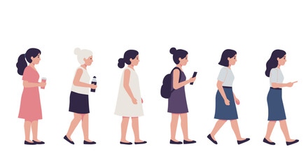 Obraz premium Diverse female characters in casual outfits walking sequentially in flat design