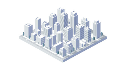 Isometric cityscape with modern buildings and greenery on a white background