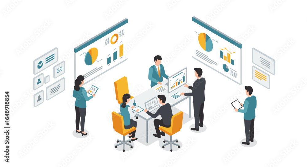 Poster collaborative office environment with team analyzing data in isometric meeting room
