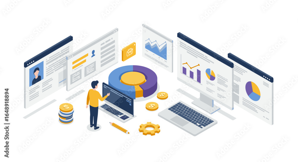 Poster isometric data analysis and business dashboard with charts and graphs