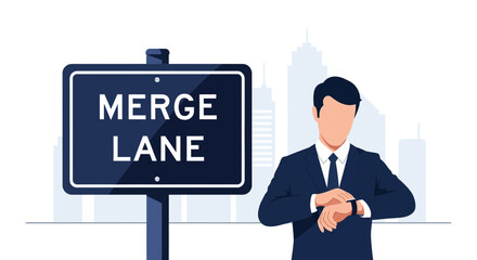 Businessman Planning Strategy On Merge Lane, Reflecting Company Transition And Progress