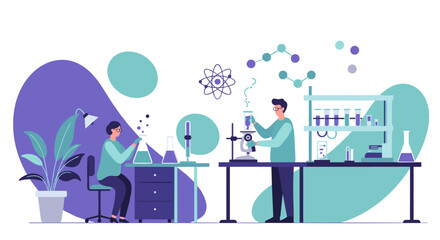 Modern laboratory scene with scientists conducting experiments in a flat design style