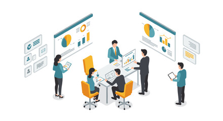 Collaborative office environment with team analyzing data in isometric meeting room