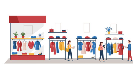 Modern clothing store interior with people shopping and display racks
