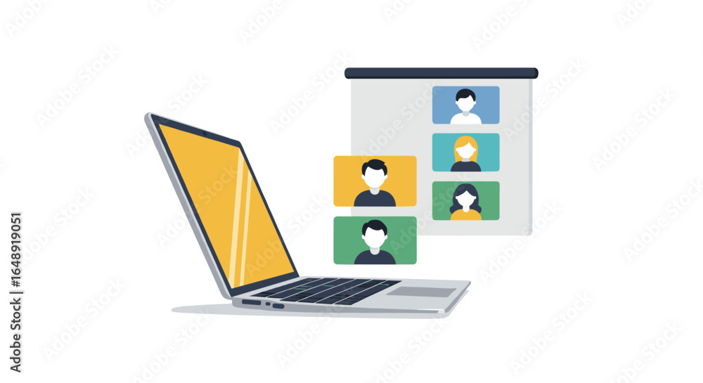 Poster remote work meeting concept with laptop and presentation screen in minimal style