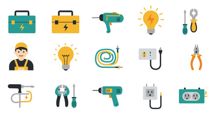 Electrical tools and accessories icons in flat design for home improvement and diy projects