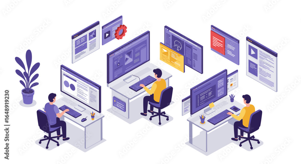 Poster isometric office workspace with programmers working on computers and digital screens