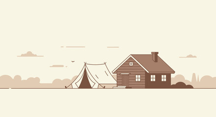 Cabin And Tent Near Wooded Area On Flat Horizon Line Illustration