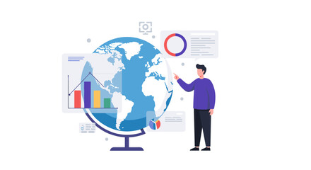 Flat design global data analysis concept with charts and graphs