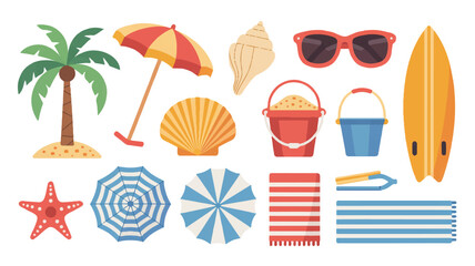 Tropical beach vacation vector illustration featuring palm tree umbrella surfboard seashells sunglasses beach towels and other elements of a summer seaside adventure