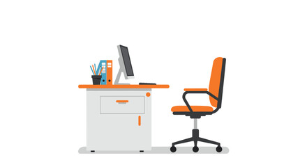 Modern office desk with computer and orange chair on white background