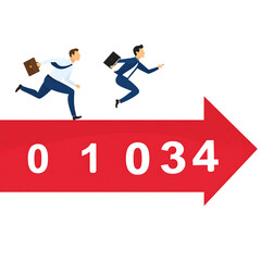 Businessmen running on red arrow with numbers isolated on transparent background