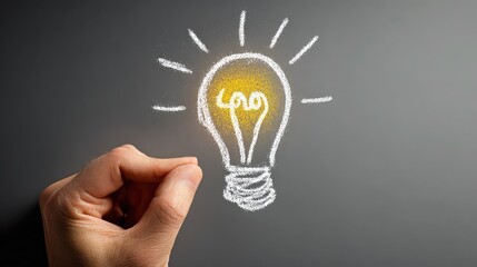 Chalk-textured glowing light bulb on gray background with idea doodles, hand-drawn concept art with copy space for edtech presentations, business brainstorming, and mind map designs.