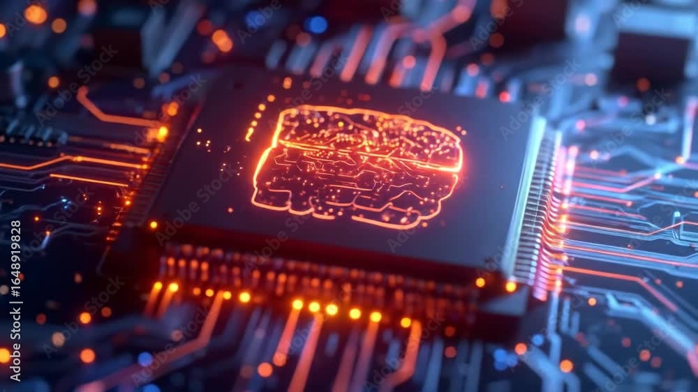 Poster Illuminated Microchip with Neural Network in Blue and Orange Tones Close Up of CPU Architecture with Data Processing Concept for AI Technology