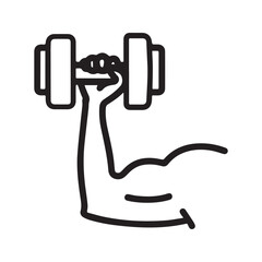 Strong arm flexing bicep and lifting dumbbell line icon. Gym and fitness vector symbol.