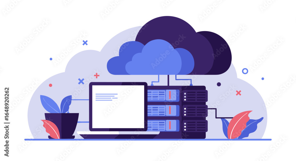 Poster modern cloud computing network with server and laptop in flat design