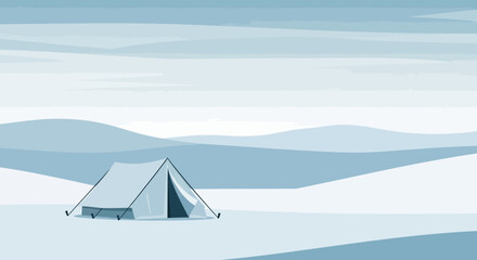 Campground Tent Among Quiet Mountains In Winter Cold And Cloudy Day