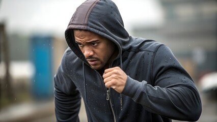 Man in a hooded sweatshirt runs forward with a determined expression, focused on his goal.
