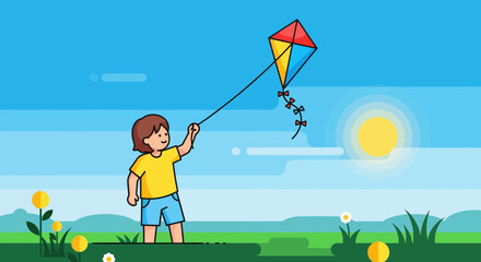 Boy Enjoying Flying a Kite in a Sunny Meadow on Summer Vacation