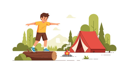 Obraz premium Boy Enjoying Outdoor Adventure Balancing On Log Near Tent And Campfire