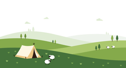 Camping Adventure Among Green Rolling Hills With Sheep Grazing Freely