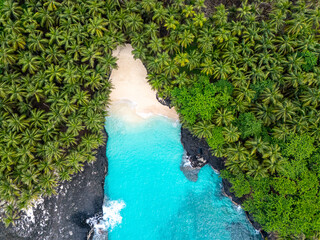 Tropical aerial view of Battery Beach on Rolas Island, São Tomé and Príncipe, showcasing...