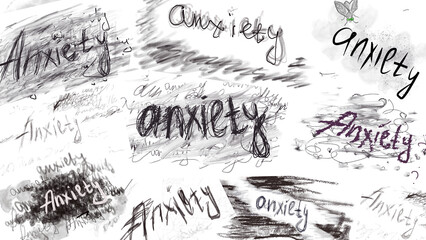 Artistic representation of anxiety through abstract text and imagery illustrating chaotic emotions and thoughts