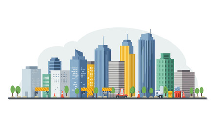 Fototapeta premium Modern urban cityscape with skyscrapers and trees in flat design
