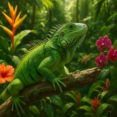 Fototapeta premium Vibrant green iguana basking on a branch surrounded by colorful orchids and lush jungle foliage, perfect for nature lovers and exotic wildlife projects