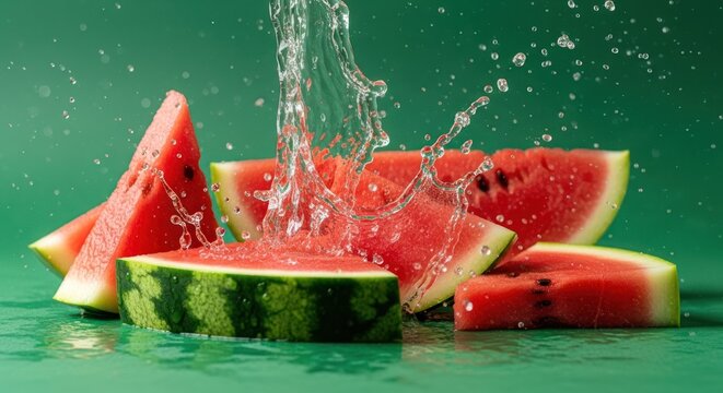 Fresh watermelon slices with water splash on a green background