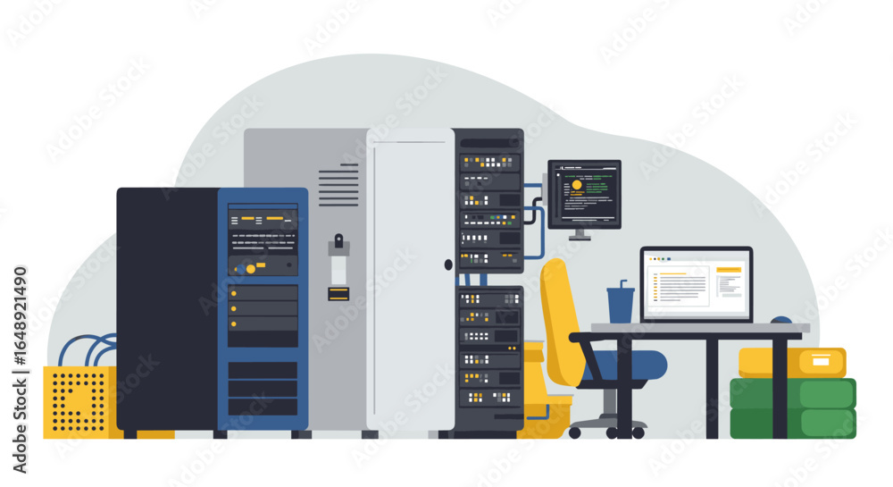 Poster modern flat design data center with servers and workspace setup