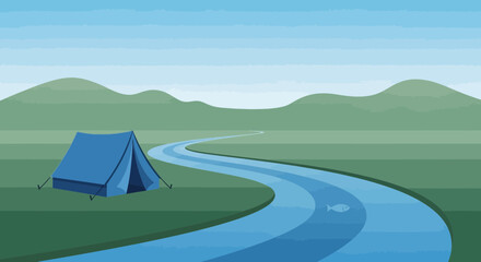 Camping Adventure By The River With Rolling Green Hills In Background