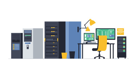 Modern data center with it infrastructure and workspace setup
