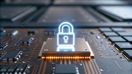 Glowing lock symbol on microchip represents data sovereignty in cloud computing emphasizing security and protection