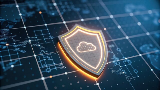 Glowing shield with cloud icon represents data sovereignty in cloud environments emphasizing security and protection