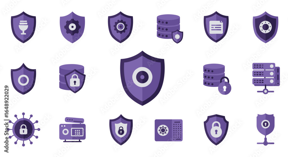 Poster cybersecurity icons: shield and lock themes for data protection and network security
