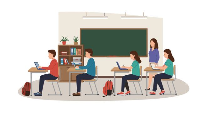 Students learning in modern classroom with teacher and technology