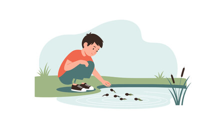 Obraz premium Boy Observes Tadpoles In Pond On Nature Landscape Background Scene