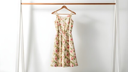 Mockup A floral patterned summer dress hangs on a wooden hanger, displayed on a white clothing rack.