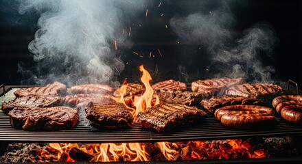 Grilling meats on an outdoor grill.  Fiery flames, smoke, and sizzling steaks and sausages fill the frame