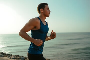 Man in blue tank top jogging along the coast with ocean and sky in the background during daytime run