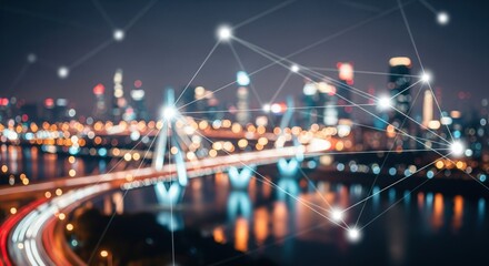 Modern city landscape showing dots and line representing high-speed internet, cloud data storage, computing, global market
