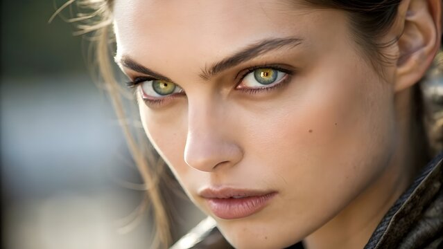 Close-up portrait of a woman with striking green eyes, intense gaze, and subtle makeup.