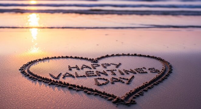 Heart-shaped message in the sand at sunset