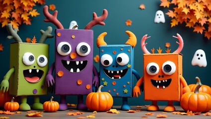 Obraz premium Cute, eco-friendly square monsters made from recycled materials, surrounded by autumn leaves and pumpkins. The bright colors and playful expressions create a fun, spooky Halloween vibe.